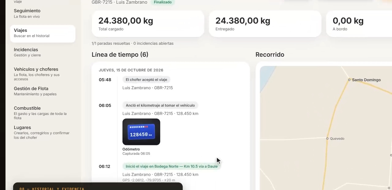 Detalle de un viaje: línea de tiempo, evidencias y recorrido
