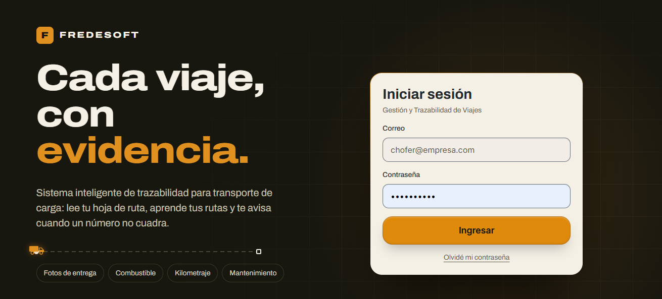 Pantalla de ingreso del sistema de gestión y trazabilidad de flotas