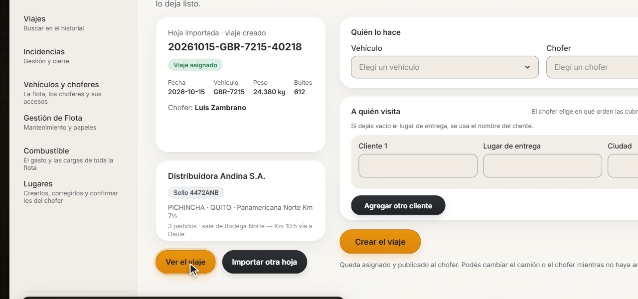 Hoja importada desde el ERP: viaje creado y asignado al chofer